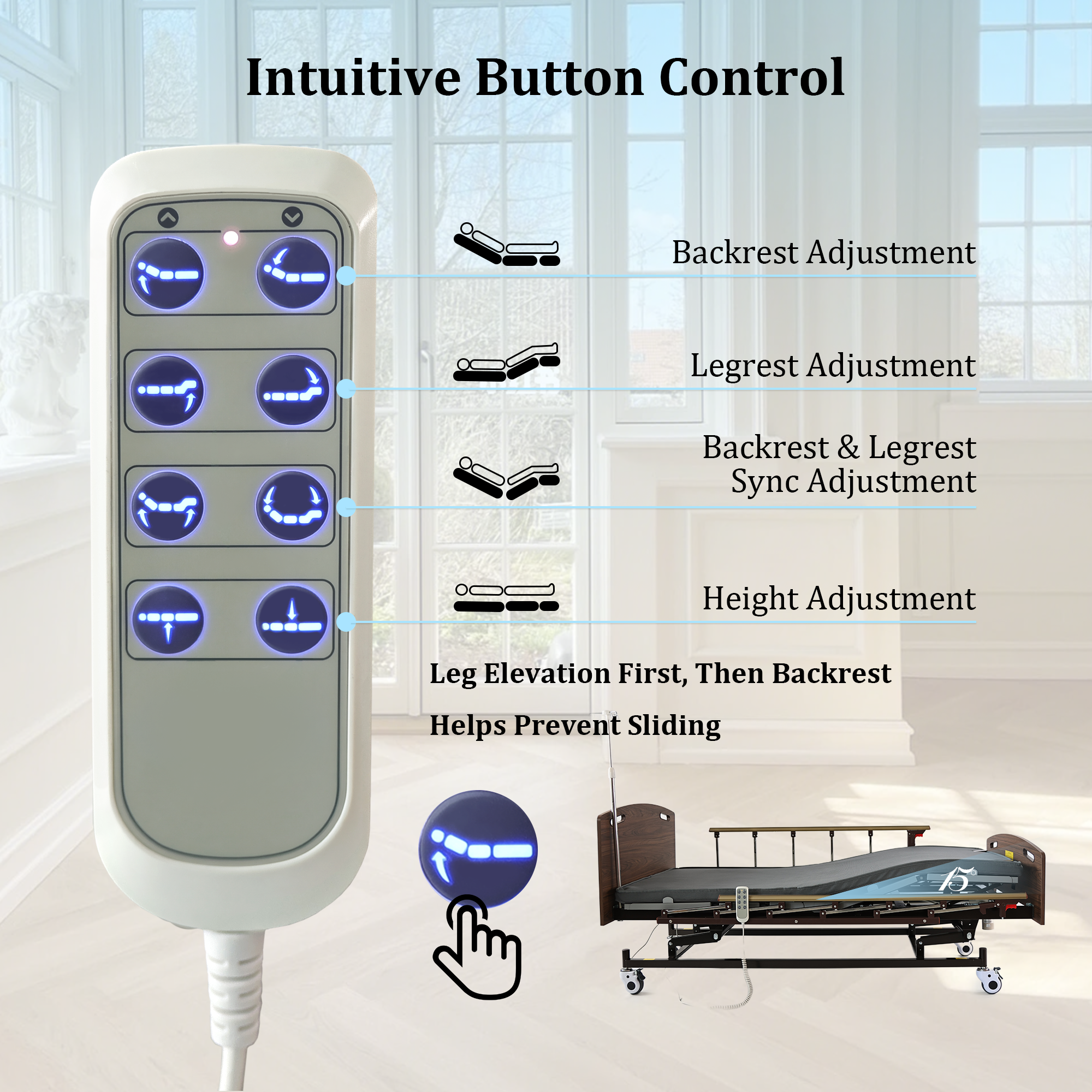 MediNex All-Function Electric Medical Bed with Height Adjustment, Back Lift & Leg Elevation