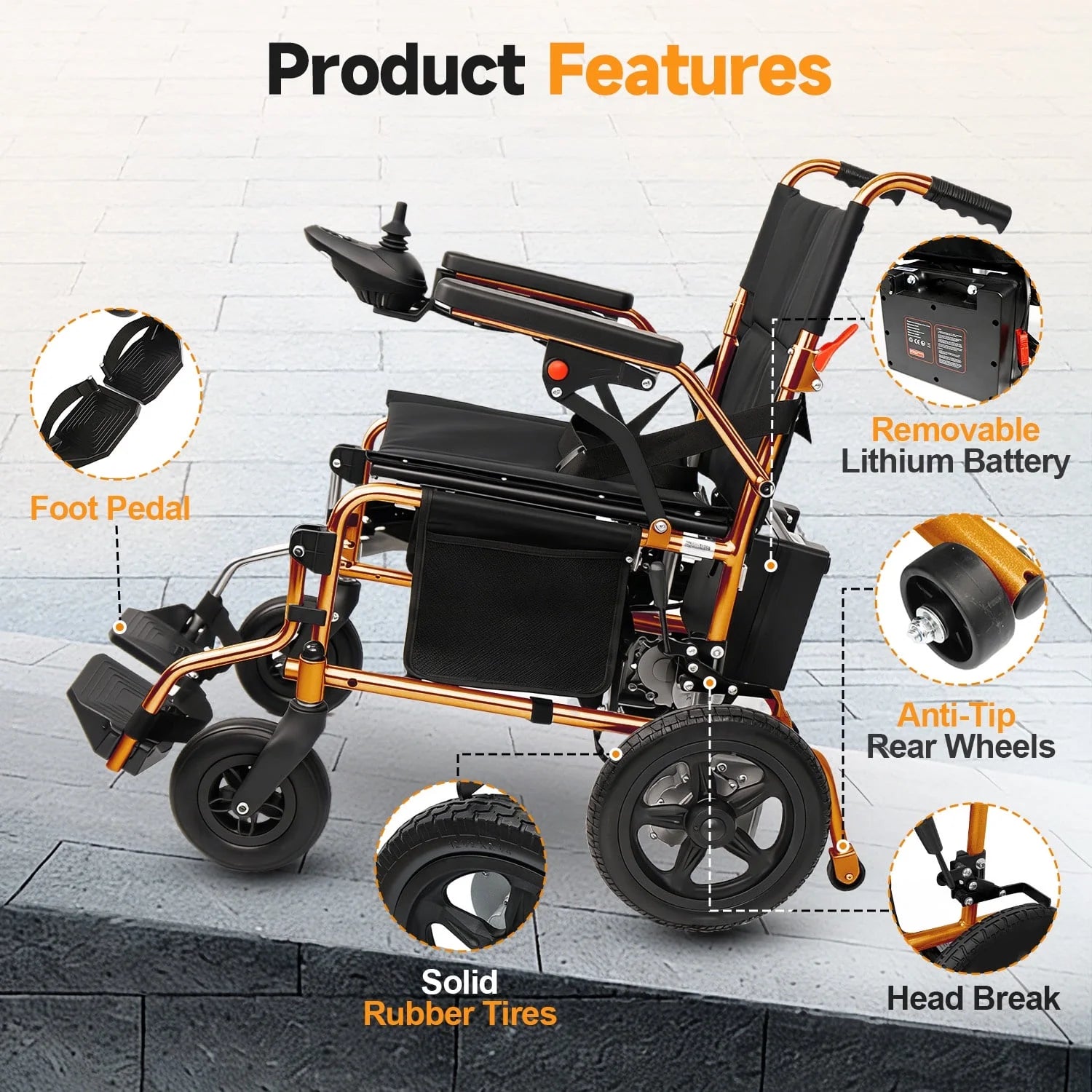 MediNex Lightweight Foldable Electric Wheelchair   Orange& Giant